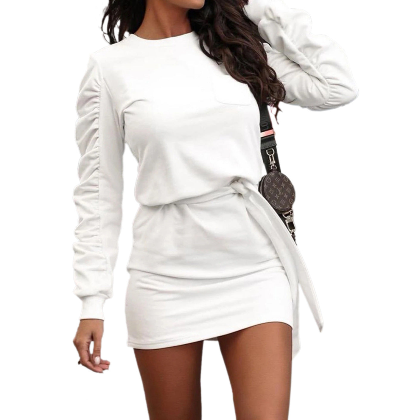 Women's solid color long-sleeved sweater tie dress