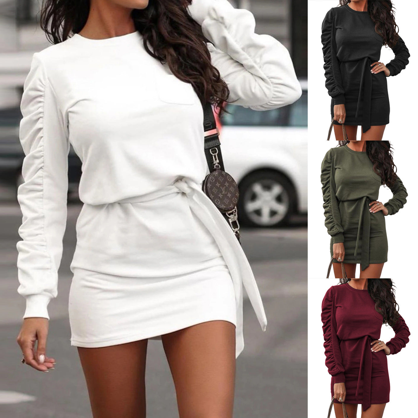 Women's solid color long-sleeved sweater tie dress