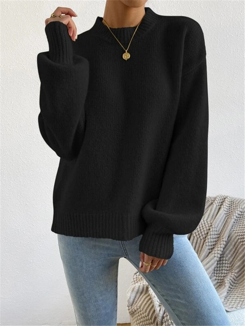 Half Turtleneck Solid Color Long Sleeve Knitted Warm Sweater
