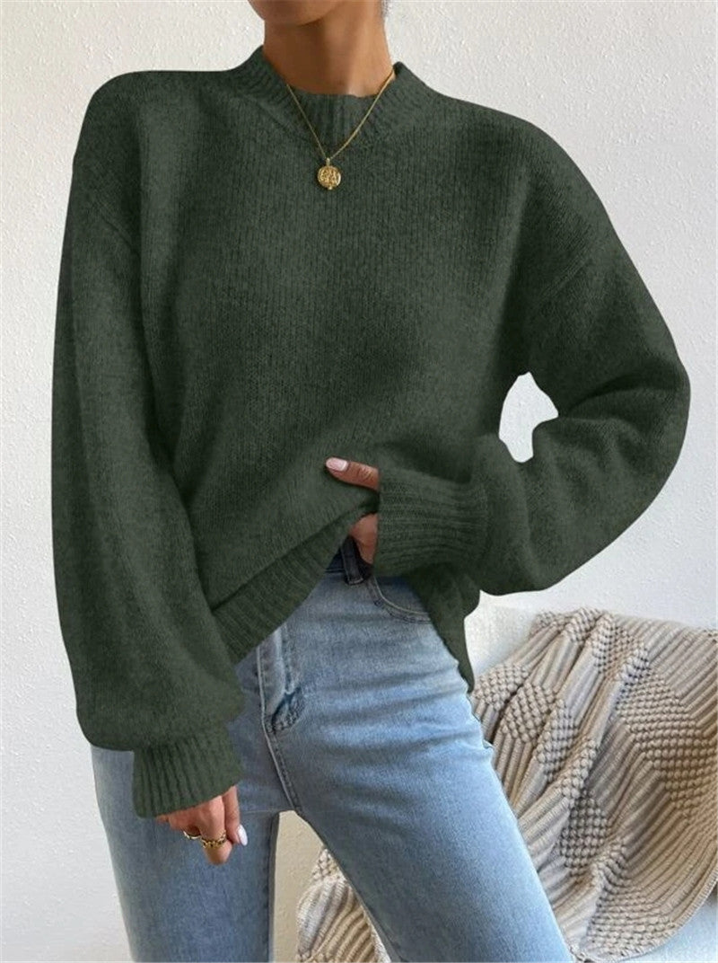 Half Turtleneck Solid Color Long Sleeve Knitted Warm Sweater