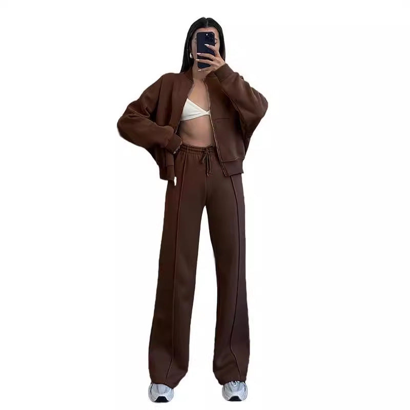 European And American Solid Color Zipper Cardigan Sweater Fashion Casual Set