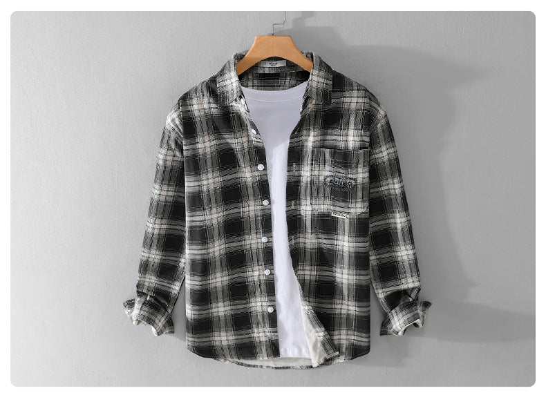 Cotton Plaid Long-sleeved Shirt Retro Cotton Brushed Casual Overshirt