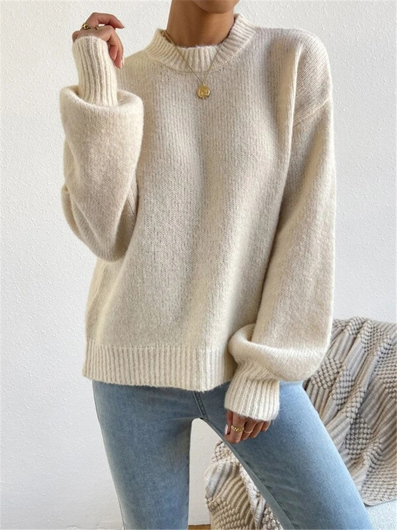 Half Turtleneck Solid Color Long Sleeve Knitted Warm Sweater