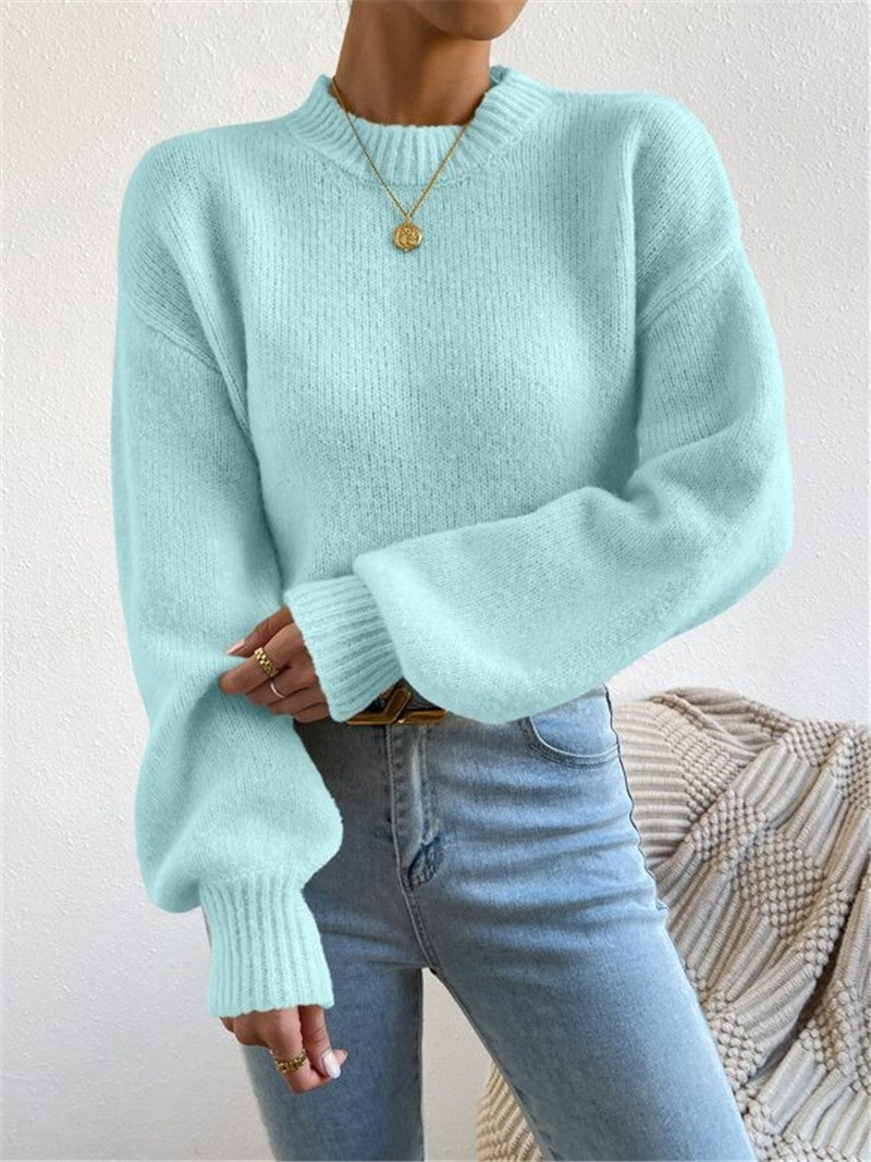 Half Turtleneck Solid Color Long Sleeve Knitted Warm Sweater