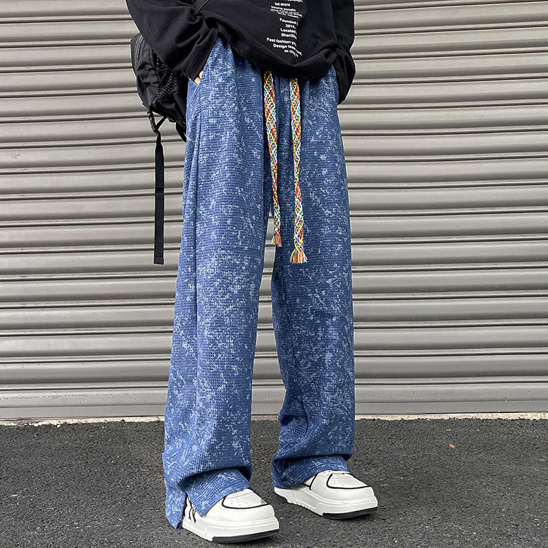 Retro Waffle Color Drawstring Straight-leg Pants