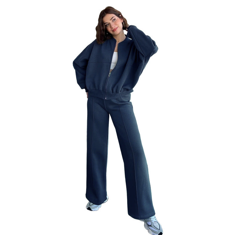 European And American Solid Color Zipper Cardigan Sweater Fashion Casual Set