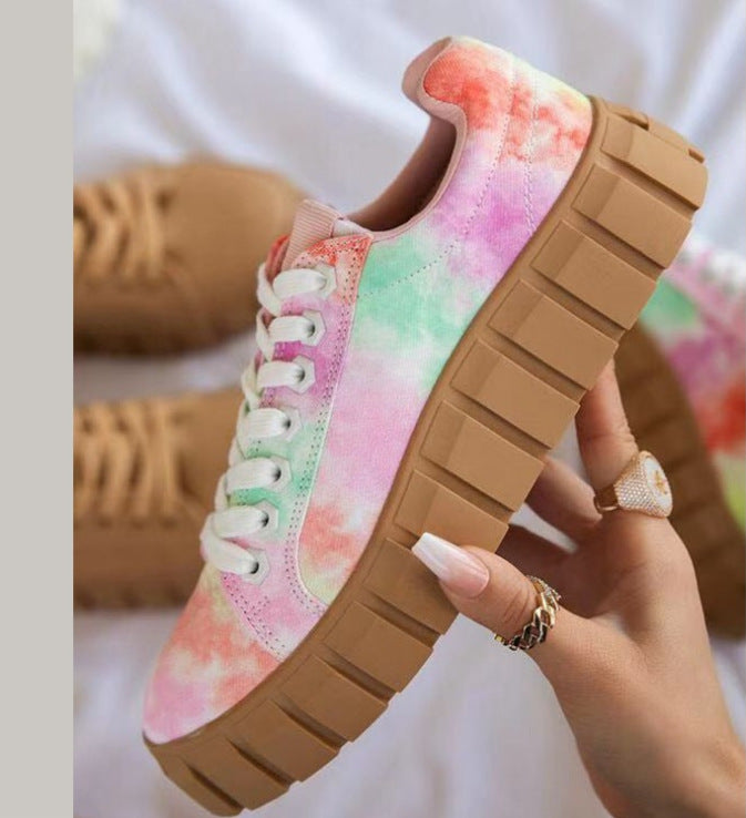 European And American New Style Round Toe Thick-soled Lace-up Canvas Shoes Women's Foreign Trade Plus Size