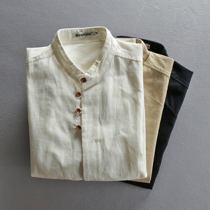Men's Casual Linen Shirt Chinese Style Stand Collar