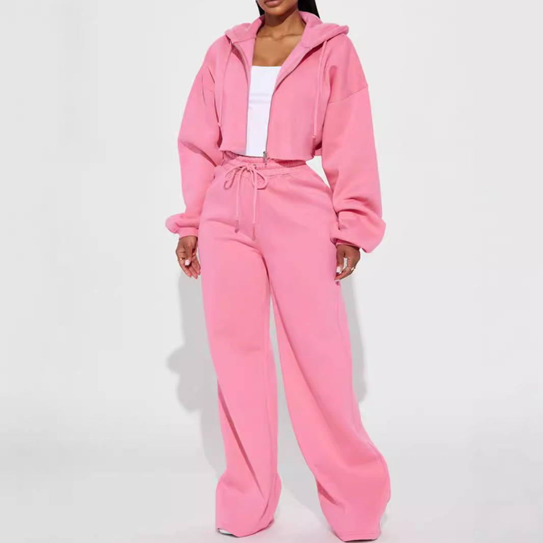 European And American Hooded Front Cardigan Zipper Sweater Wide Leg Loose Trousers Suit