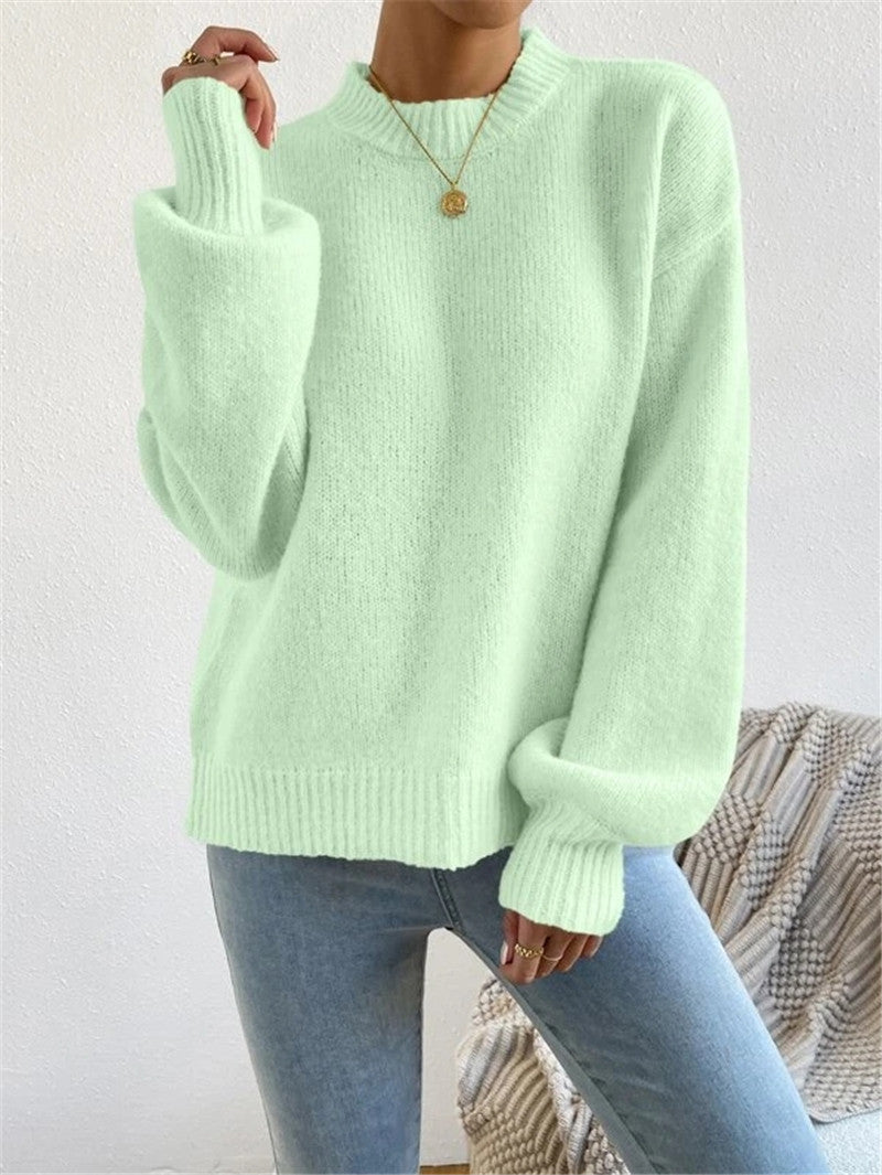 Half Turtleneck Solid Color Long Sleeve Knitted Warm Sweater