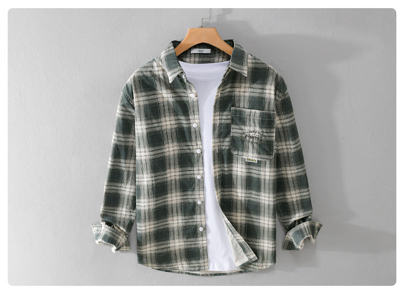 Cotton Plaid Long-sleeved Shirt Retro Cotton Brushed Casual Overshirt