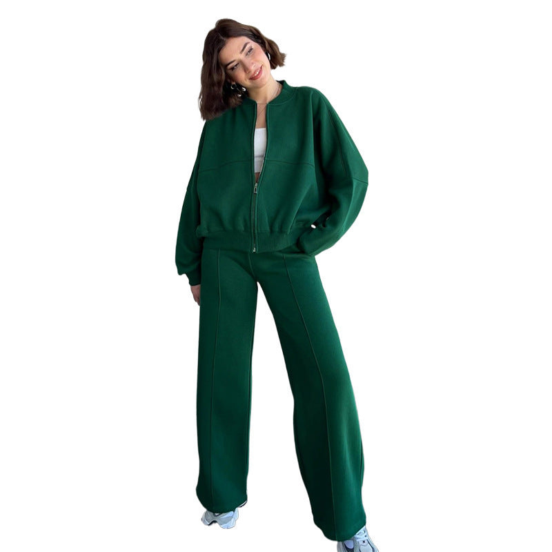 European And American Solid Color Zipper Cardigan Sweater Fashion Casual Set