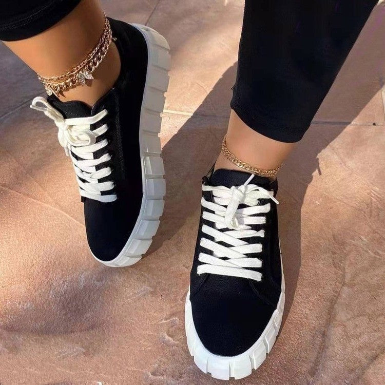 European And American New Style Round Toe Thick-soled Lace-up Canvas Shoes Women's Foreign Trade Plus Size