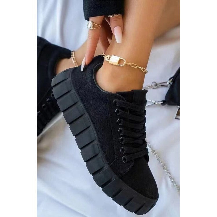 European And American New Style Round Toe Thick-soled Lace-up Canvas Shoes Women's Foreign Trade Plus Size