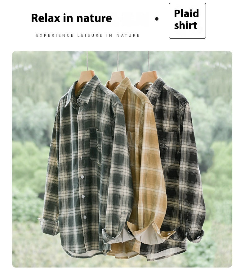 Cotton Plaid Long-sleeved Shirt Retro Cotton Brushed Casual Overshirt