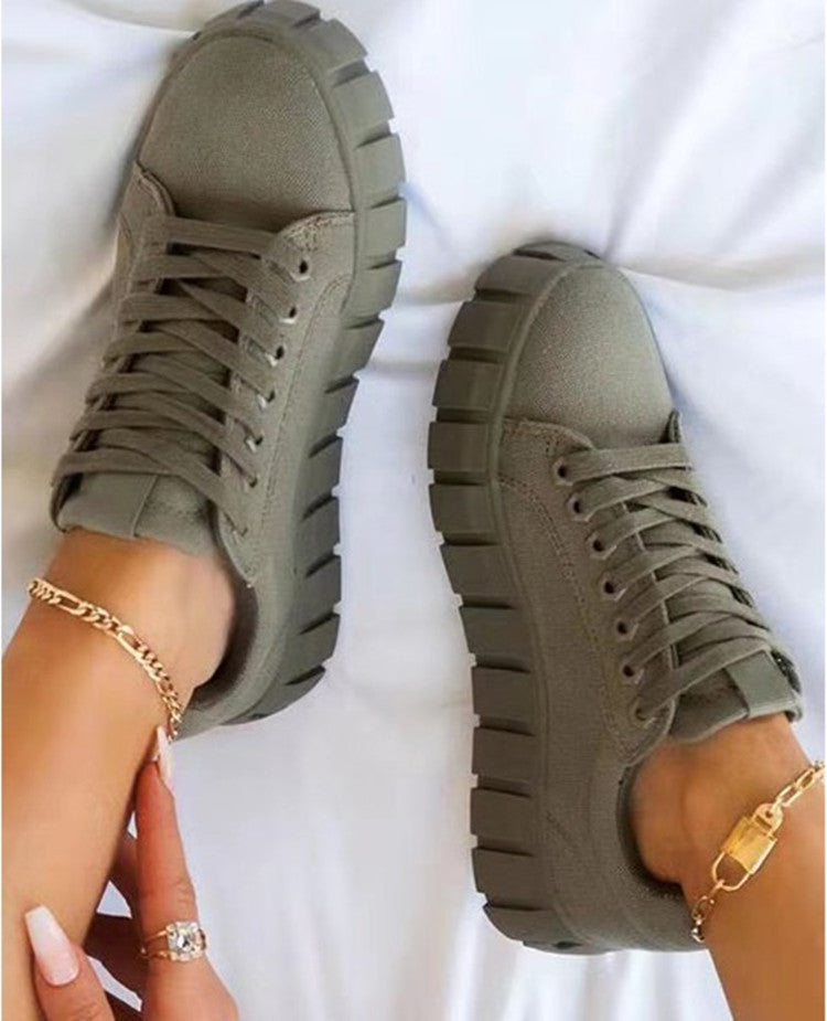 European And American New Style Round Toe Thick-soled Lace-up Canvas Shoes Women's Foreign Trade Plus Size
