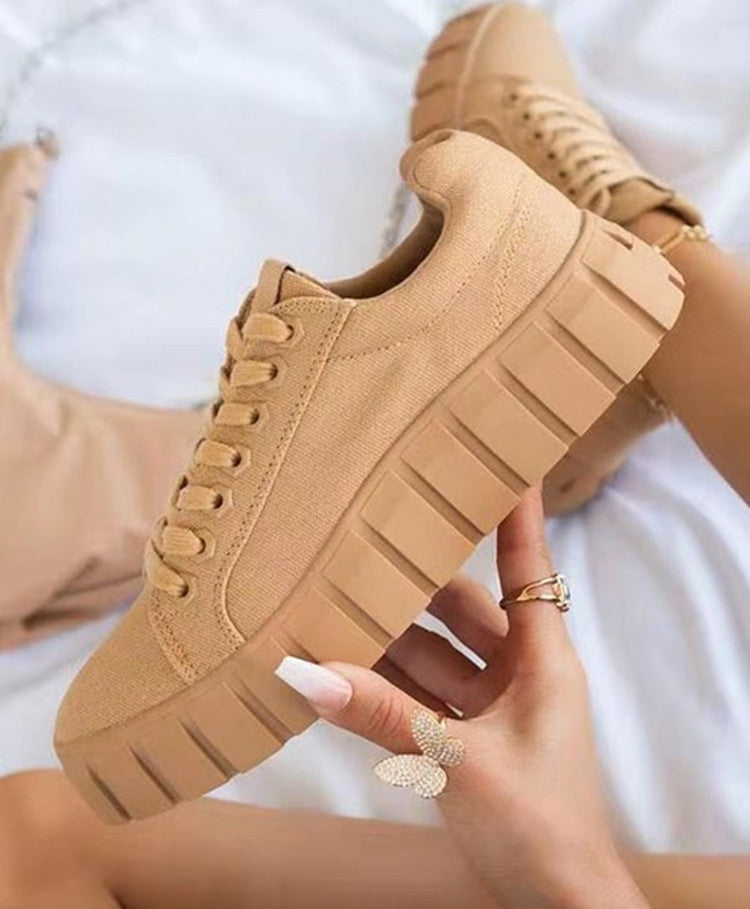 European And American New Style Round Toe Thick-soled Lace-up Canvas Shoes Women's Foreign Trade Plus Size