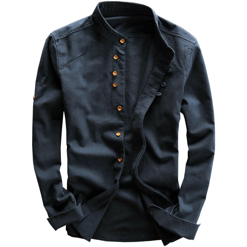 Men's Casual Linen Shirt Chinese Style Stand Collar