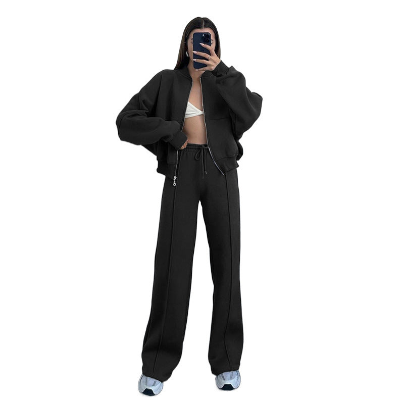 European And American Solid Color Zipper Cardigan Sweater Fashion Casual Set
